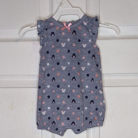 Disney Baby Minnie Mouse Polka Dots Grey Ruffle Sleeves Long Romper 0-3 Months - Picture 1 of 9